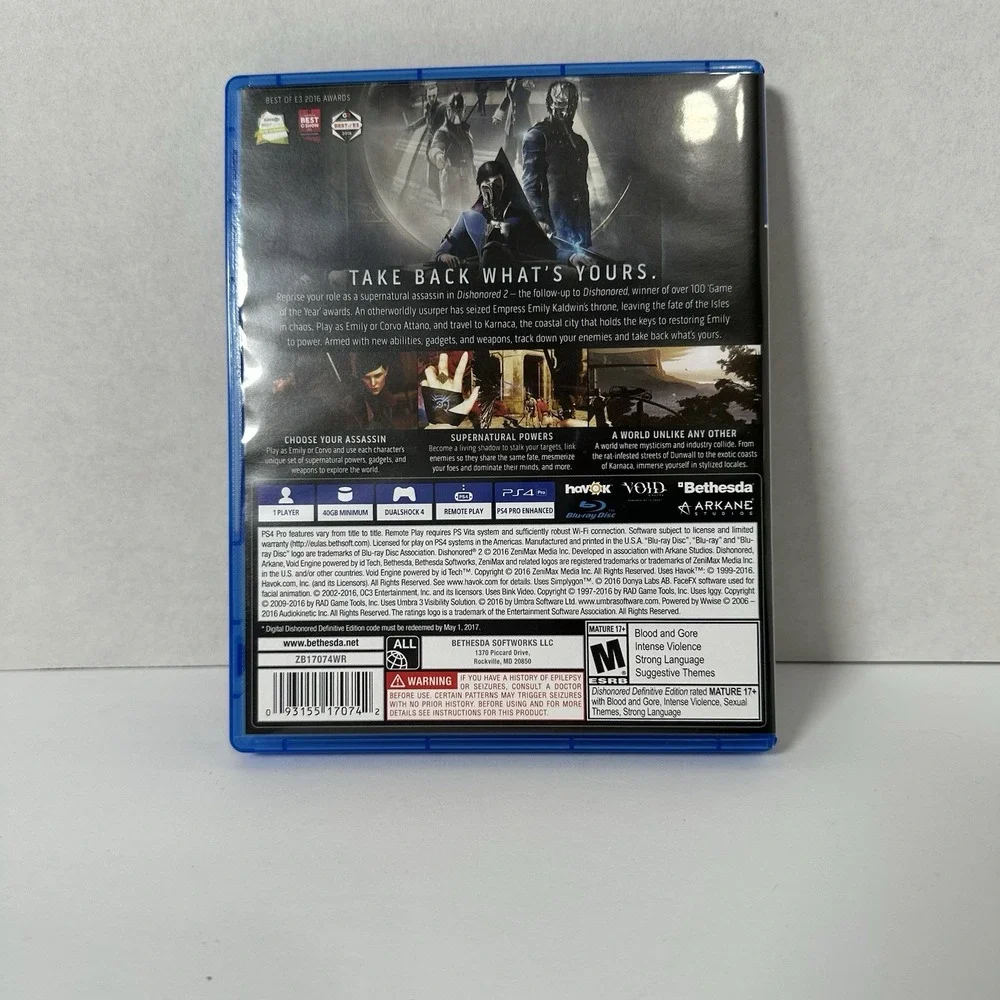 Dishonored 2 Limited Edition Sony PlayStation 4 PS4 Bethesda Stealth Action Game